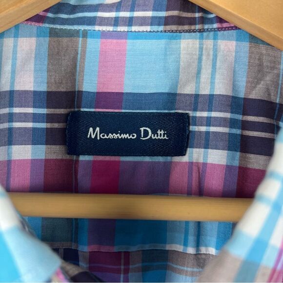 Massimo Dutti Men's XL Lonsleeve Collared Button Down Shirt Plaid Pink Blue - Picture 6 of 8